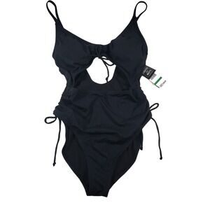 California Waves Womens Ribbed Cutout One Piece Swimsuit Black CW22111B L‎ NWT